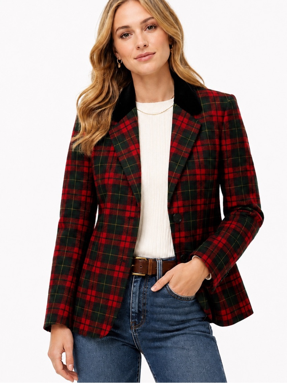 Talbots Plaid Wool Blazer Velvet Collar Academia Holiday Preppy Classic‎